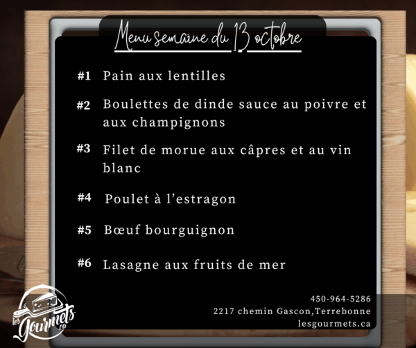 Menu de la semaine - Individuel - 13 octobre 2025