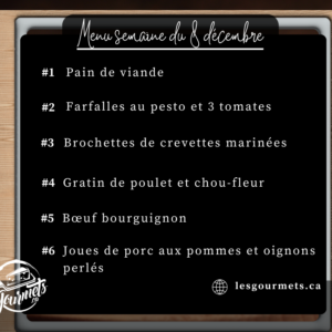 Menu de la semaine - Individuel - 8 décembre 2025